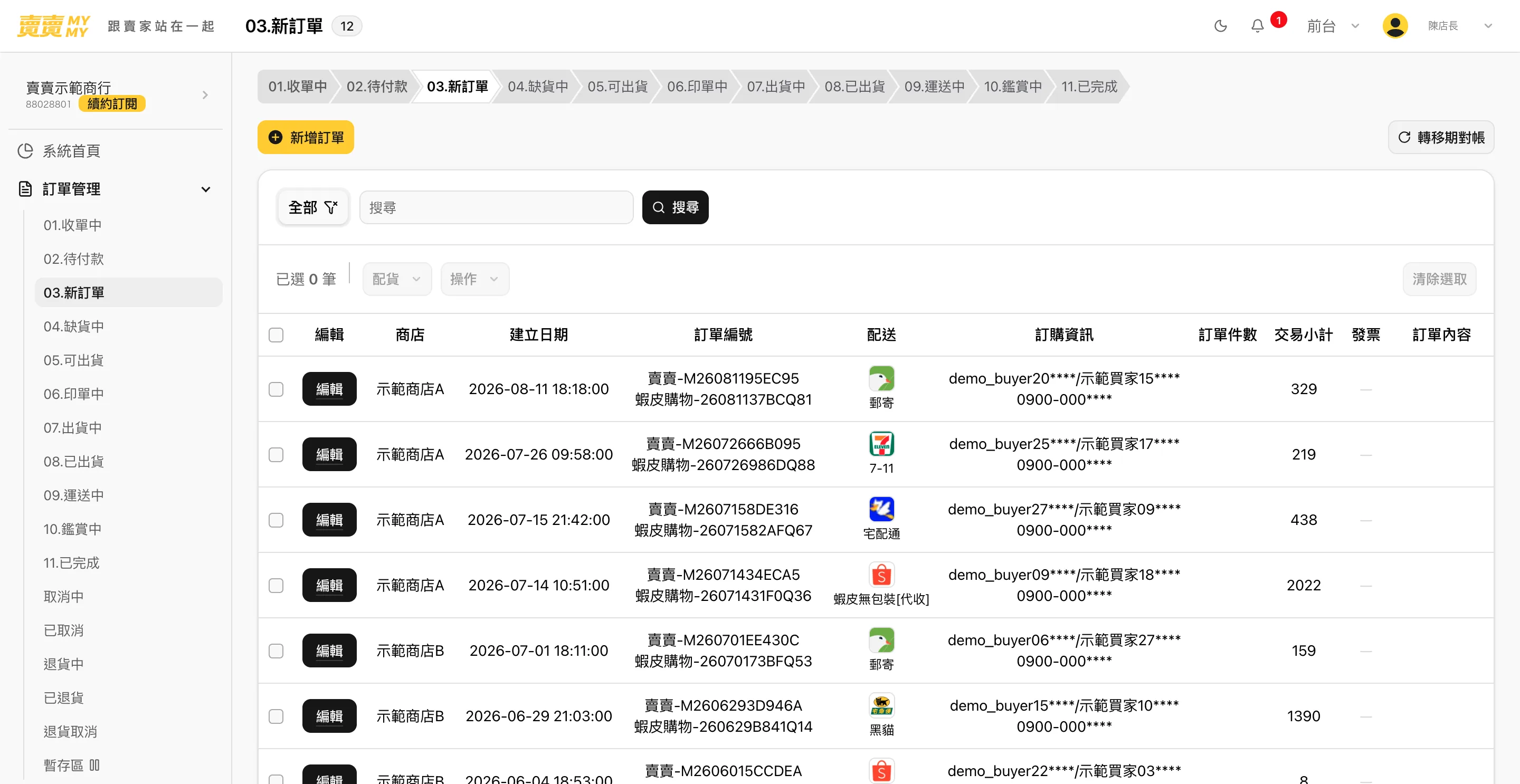 新訂單的系統畫面