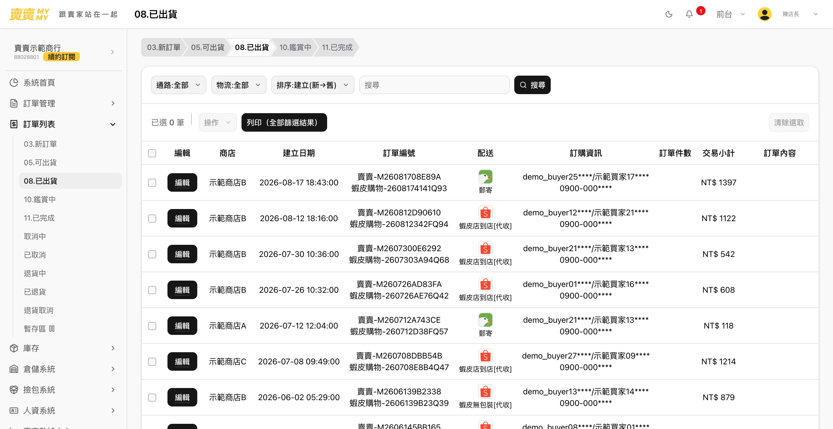 已出貨的系統畫面