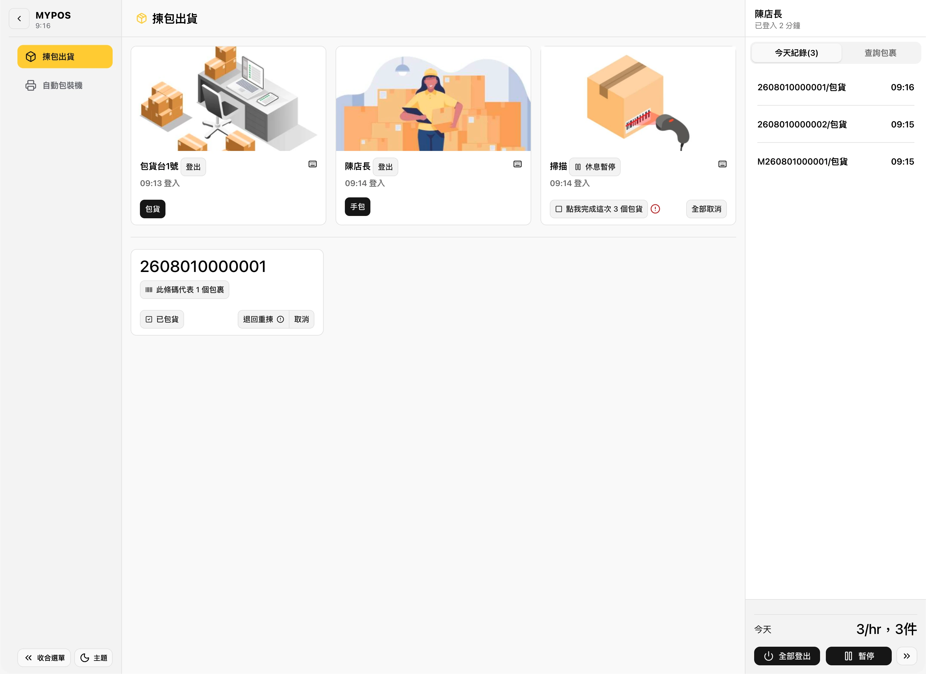 撿包系統的人員刷碼紀錄：誰、在哪個工作桌、刷了幾件、什麼時候